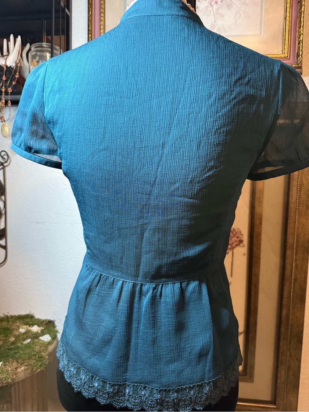 Victorian Teal Lace Bib Front Blouse •Size S• Sheer Chiffon Rhinestone Buttons - Picture 6 of 16